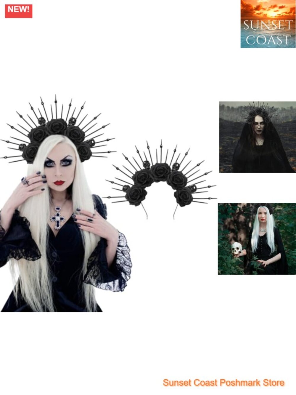 Gothic Halo Crown Headband with Black Roses and Skull for Halloween